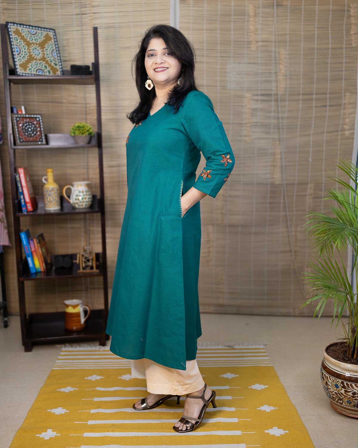 Elegant Rama green Ikkat kalamkari applique Dress