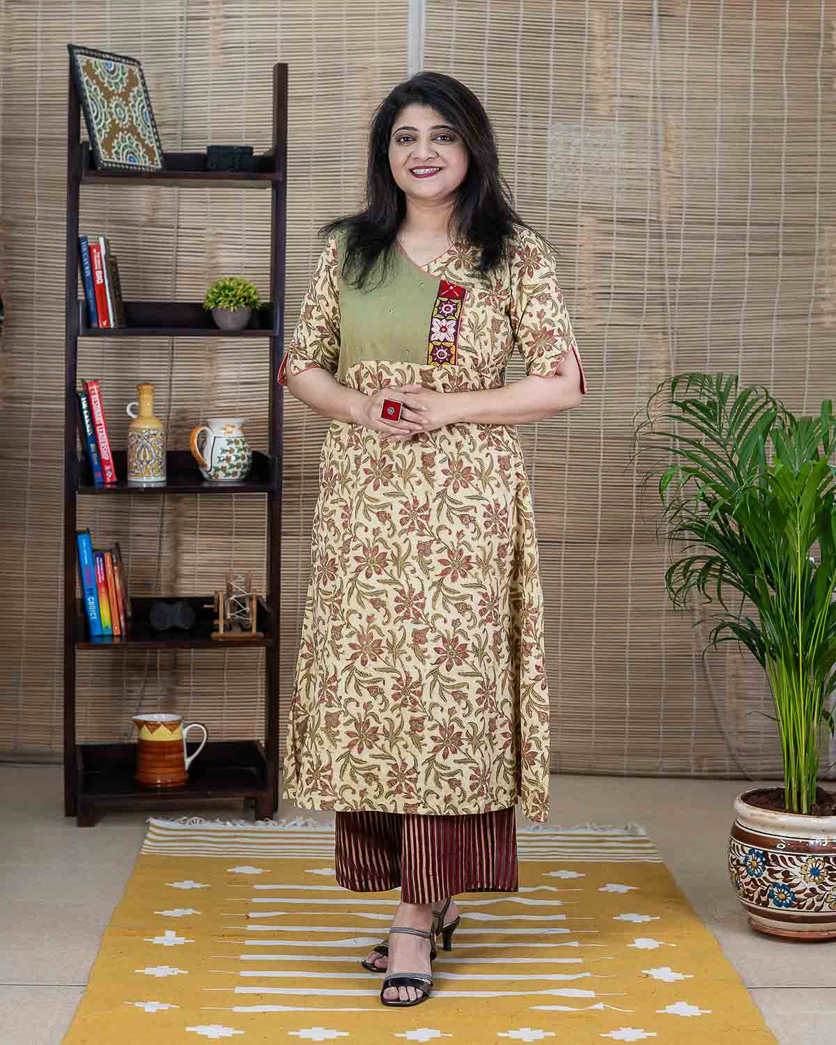 Bagru Ajrakh Handblock Printed Cotton Kurta in Light Yellow — Rush Me Fashions
