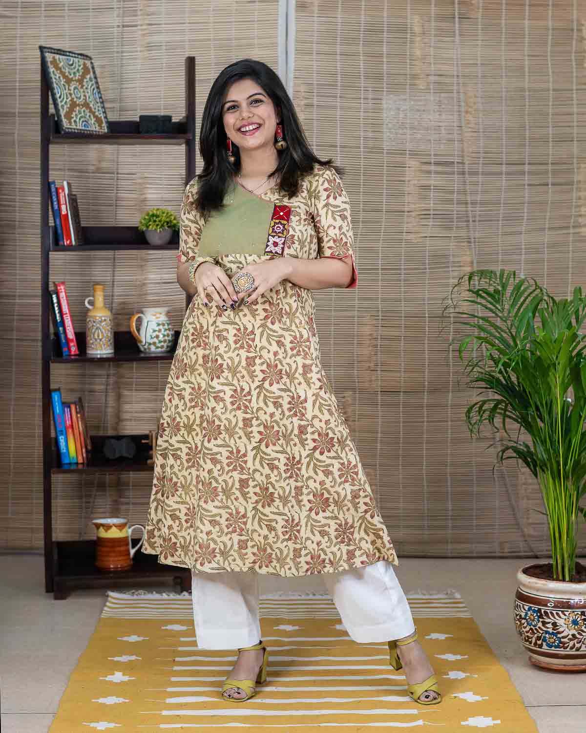 Bagru Ajrakh Handblock Printed Cotton Kurta with Hand work — Light Yellow