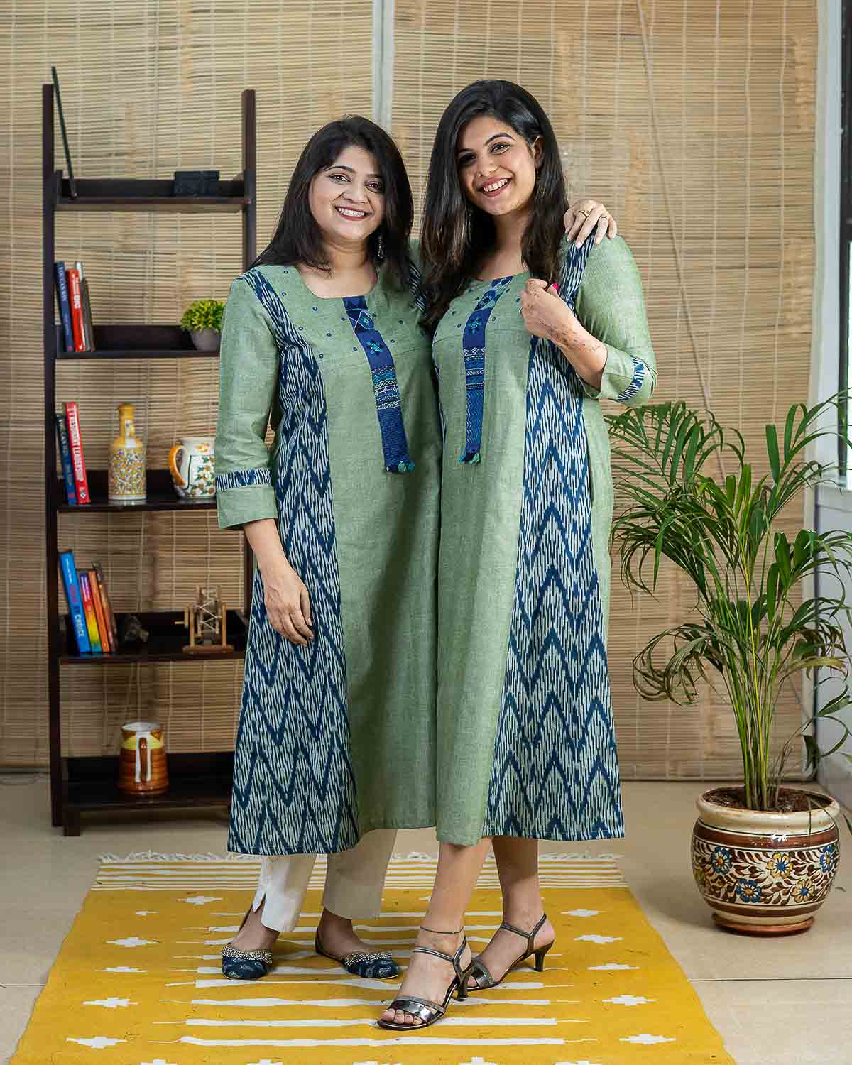 Handwoven Ikkat Cotton Slub Dress Kurta in Light Green — Rush Me Fashions
