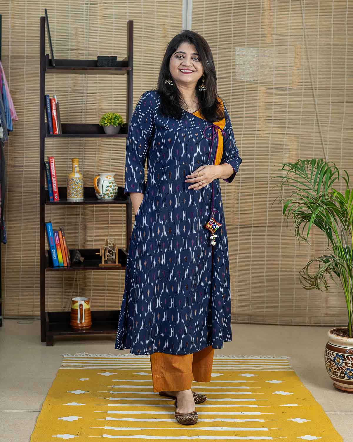 Hand woven Blue Mustard Ikkat A line Kurta with inhouse handcrafted tassel