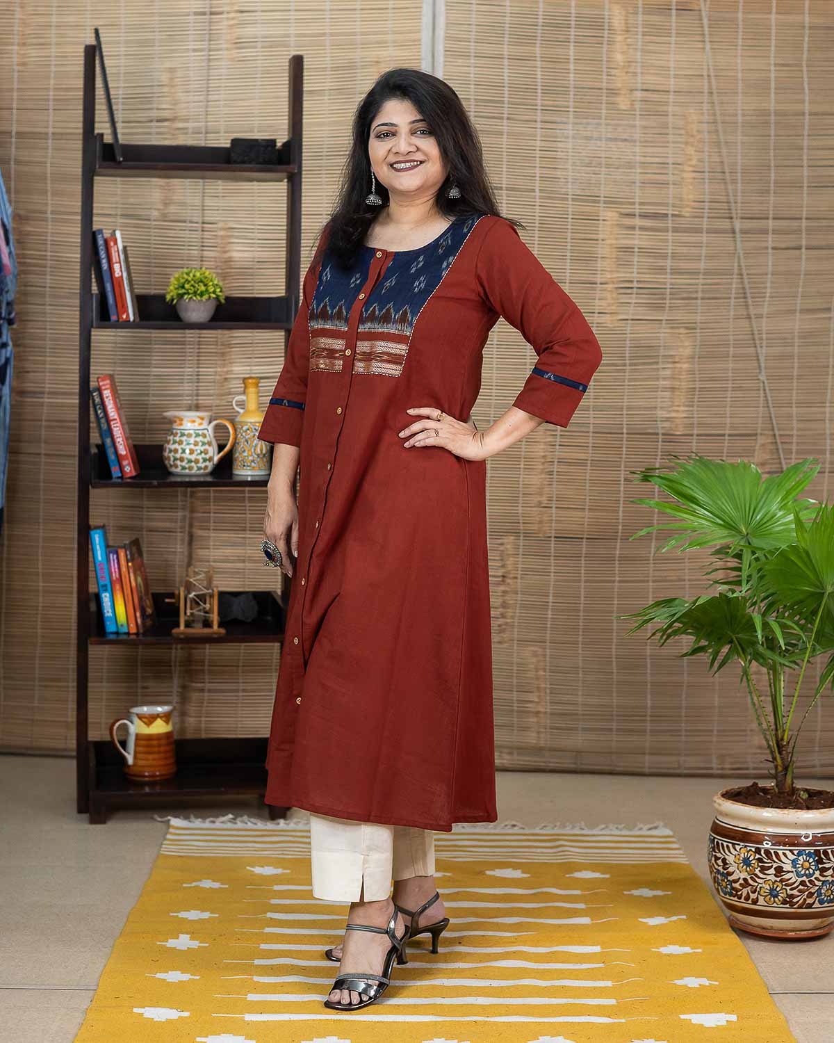Brown red Ikkat with Navy blue Sambalpur ikkat