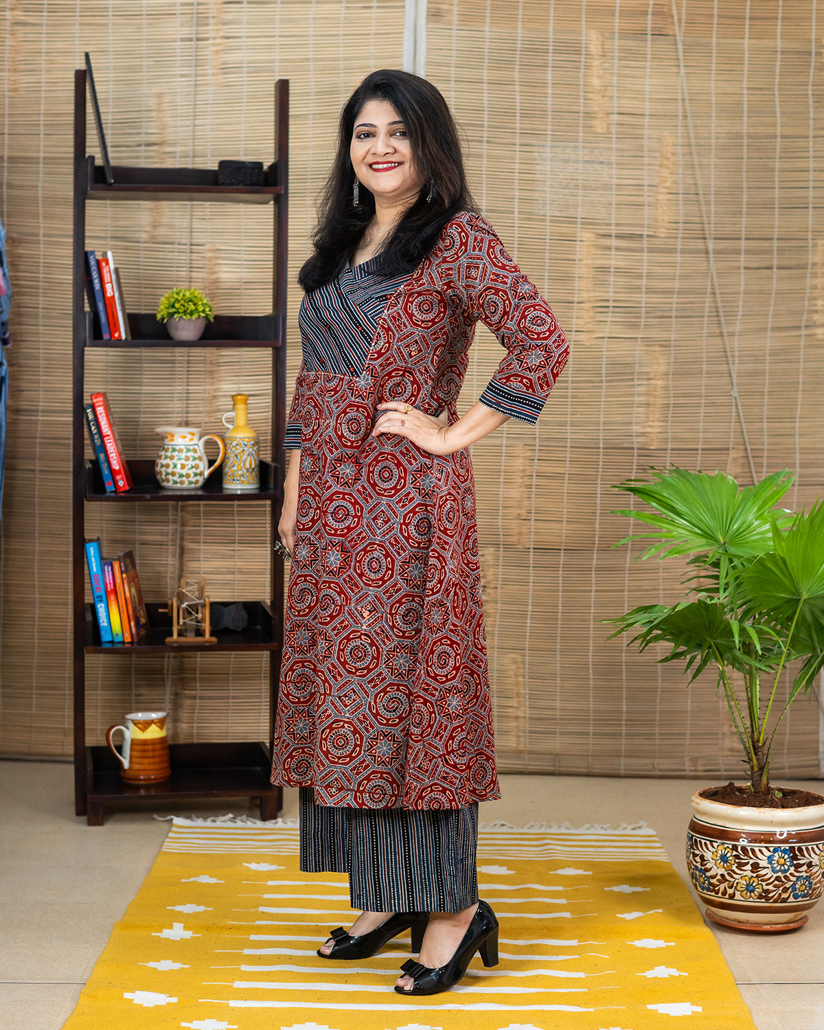 Ajrakh Handblock Printed Cotton A Line Kurta — Red