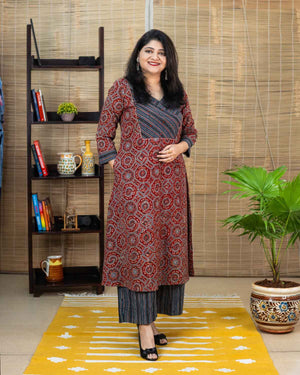 Ajrakh Handblock Printed Cotton A Line Kurta in Red — Rush Me Fashions