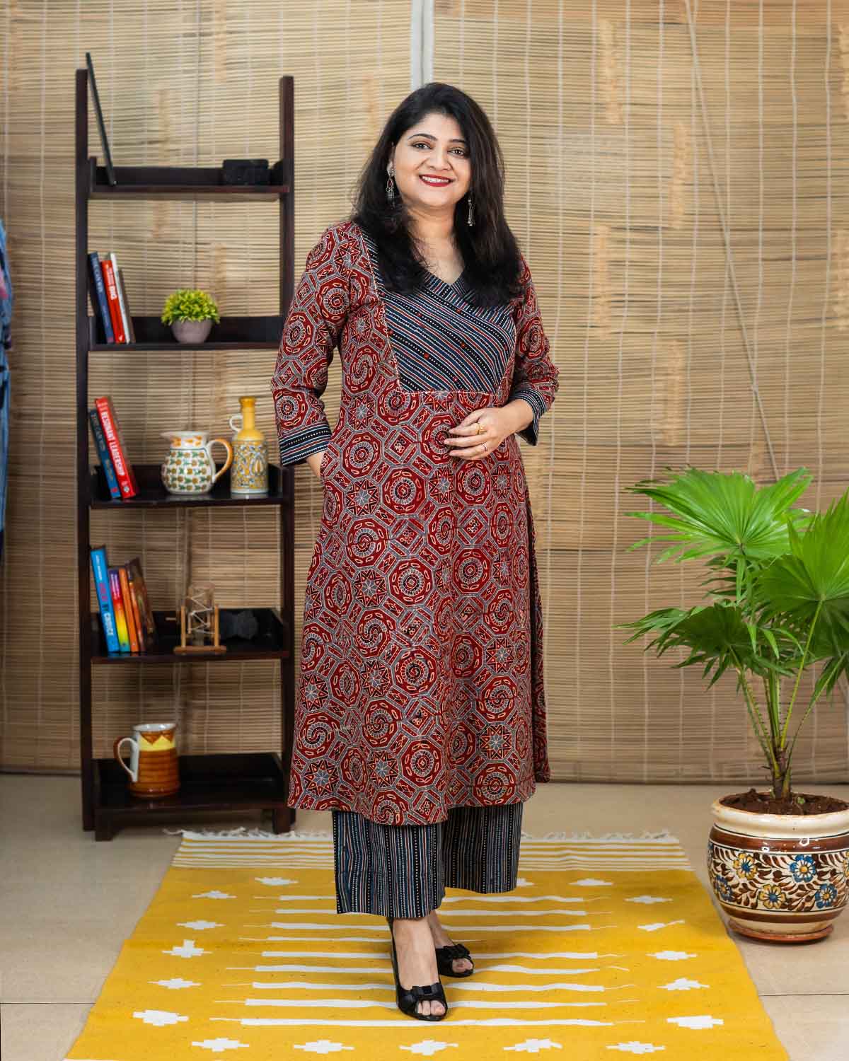 Ajrakh Handblock Printed Cotton A Line Kurta in Red — Rush Me Fashions