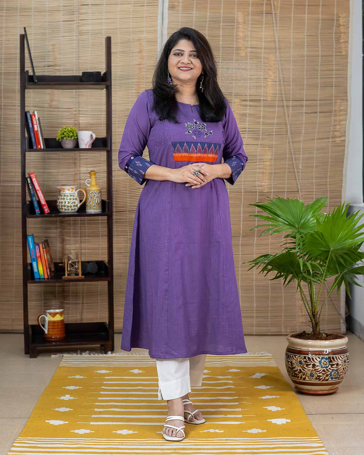 Purple embroidered kurta with Sambalpur ikkat & bandhej