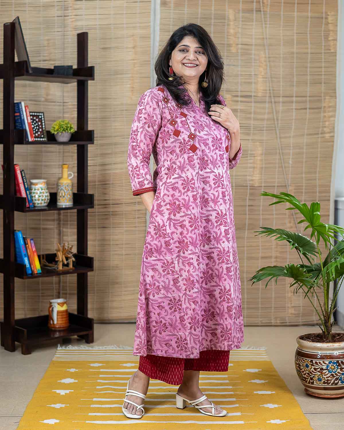 Pink Bagru Ajrakh applique Dress cum Kurta