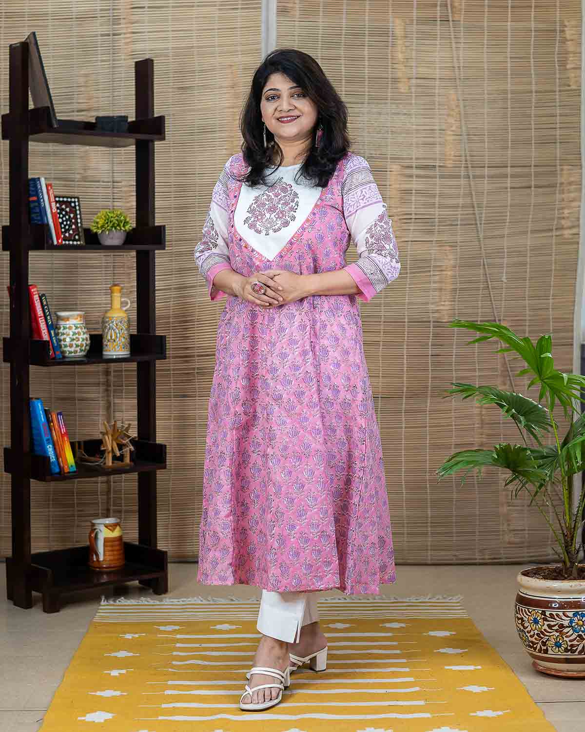 Pink Soft Cotton Anarkali with machine & hand embroidery