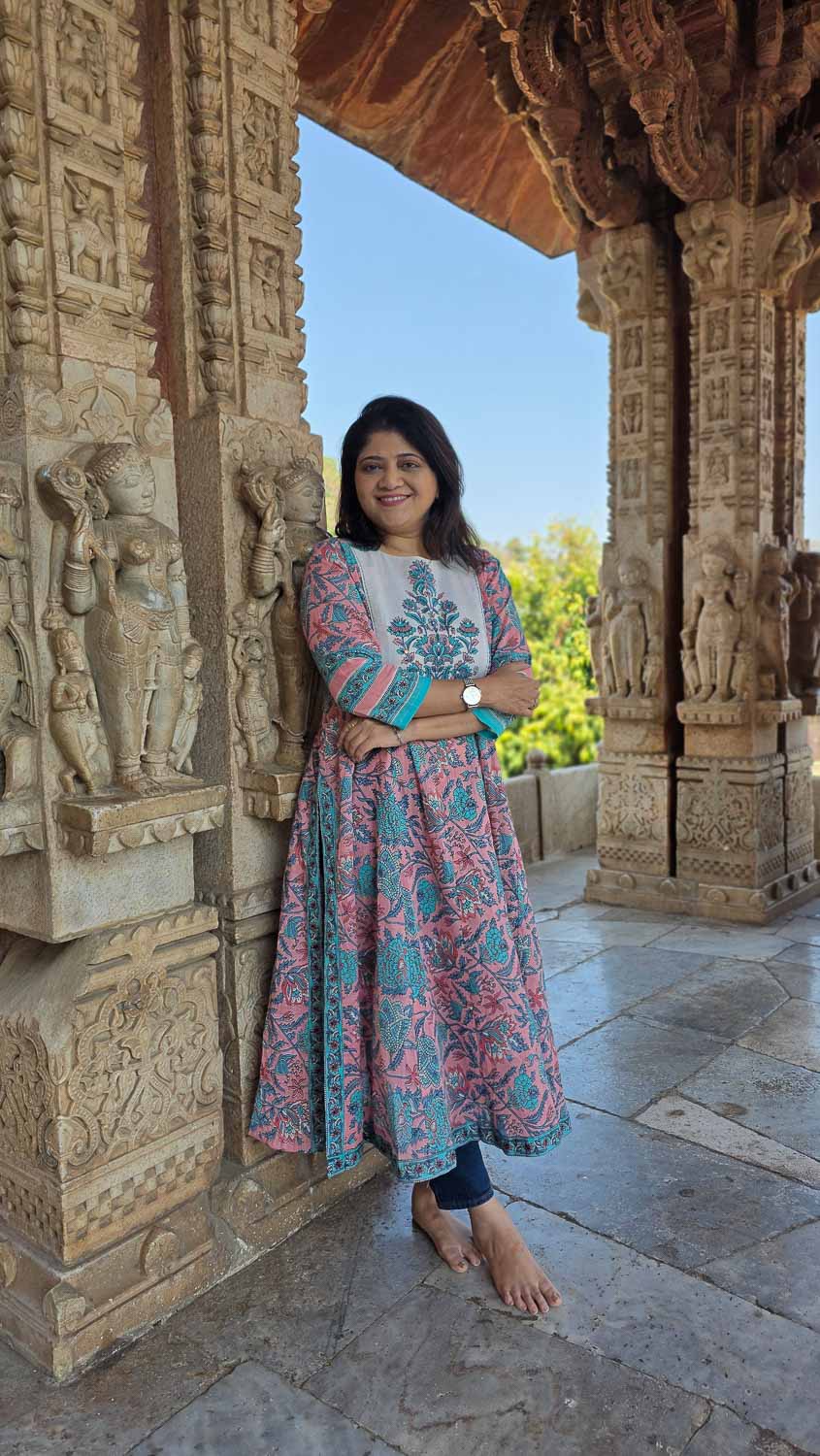 Hand embroidered Pink Blue Soft Cotton Anarkali with side slit