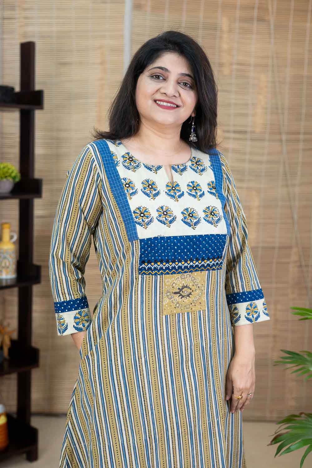 Designer Patchwork Cream Ajrakh embroidered dress