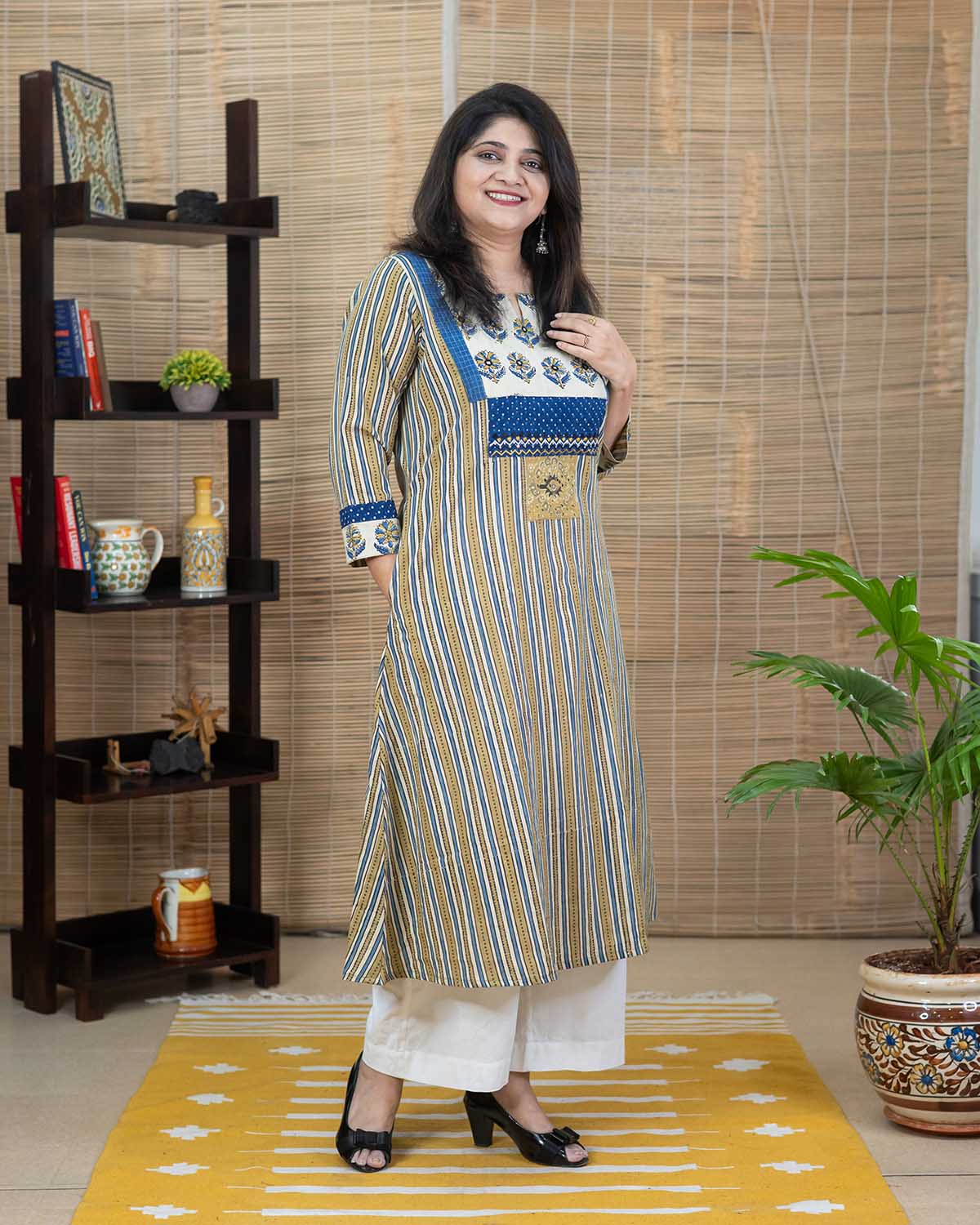 Designer Patchwork Cream Ajrakh embroidered dress