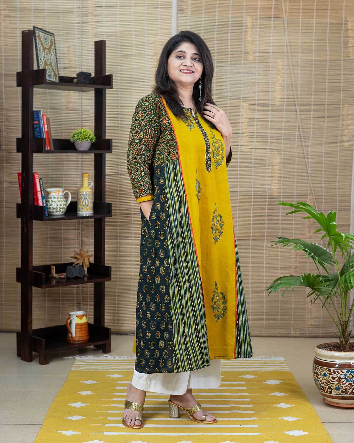 Green-Yellow Paneled Embroidered Ajrakh Dress