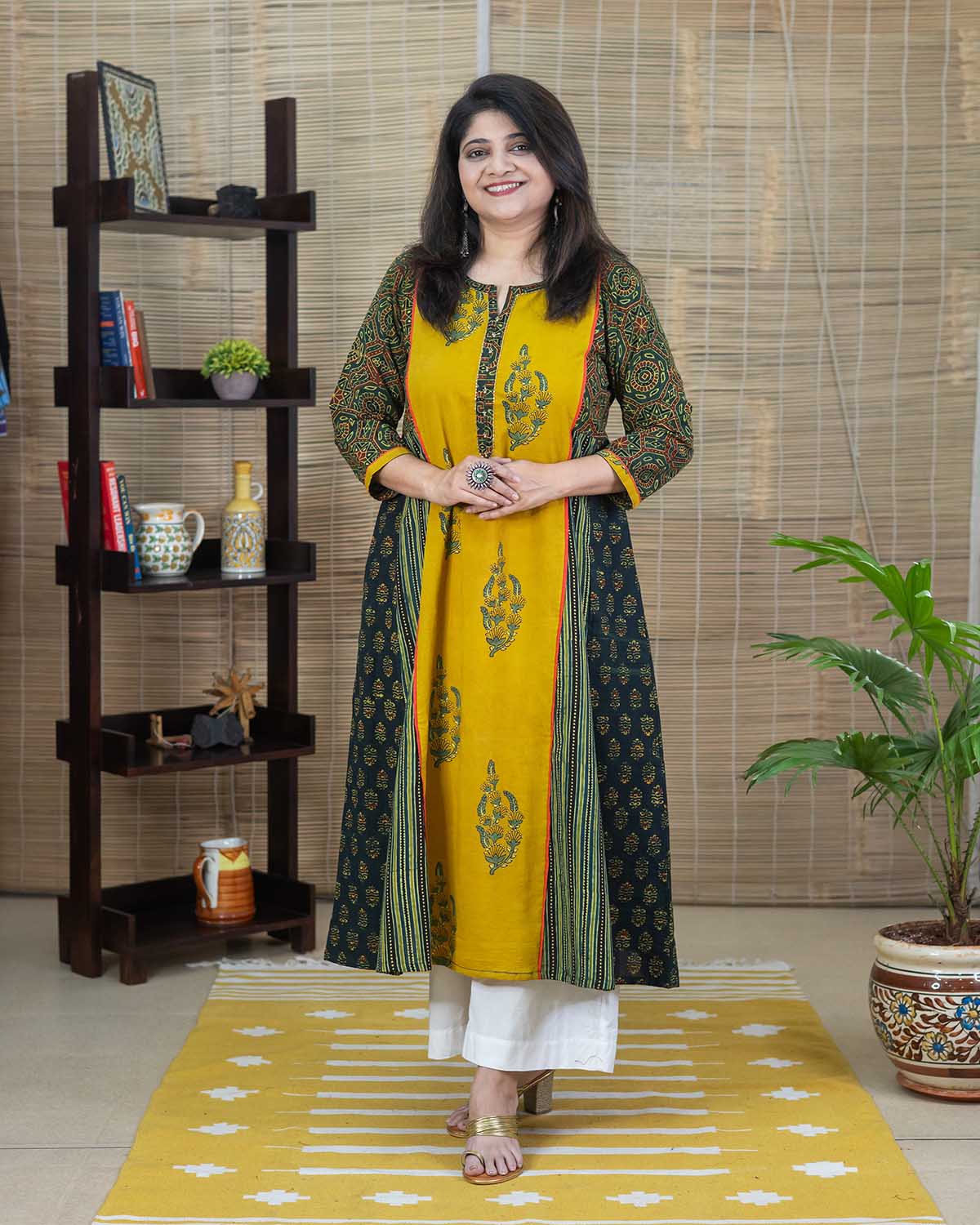 Green-Yellow Paneled Embroidered Ajrakh Dress