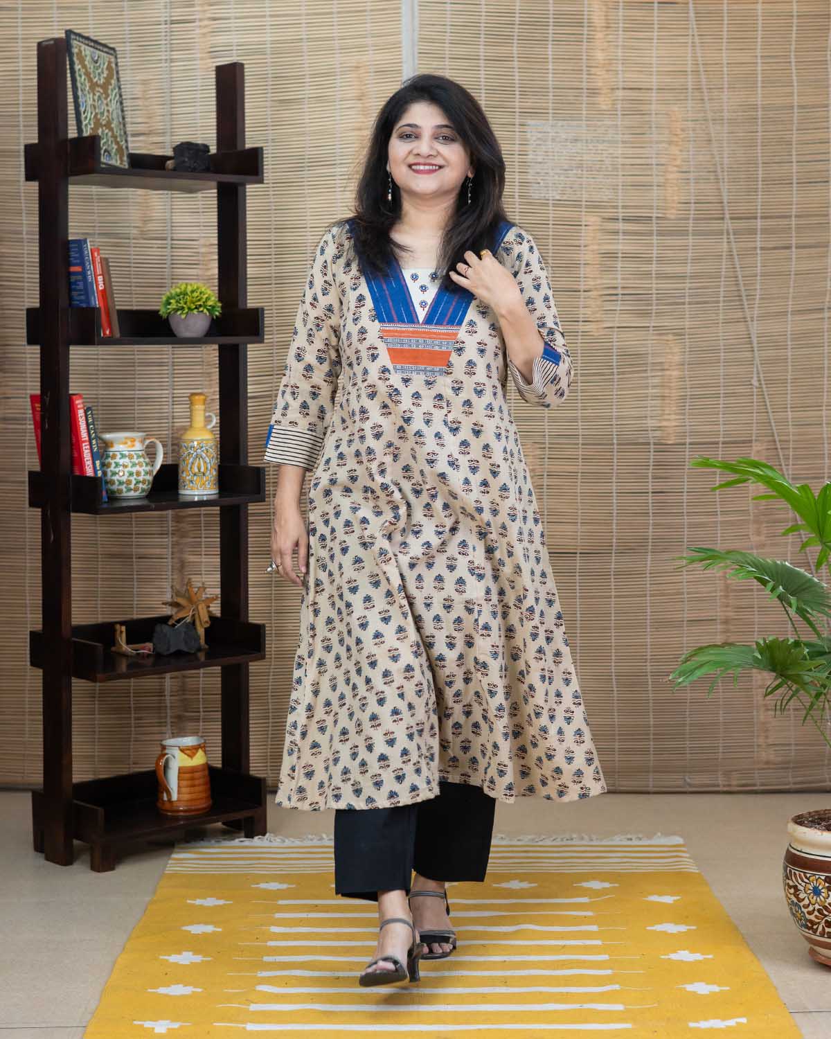 Cream Ajrakh embroidered dress