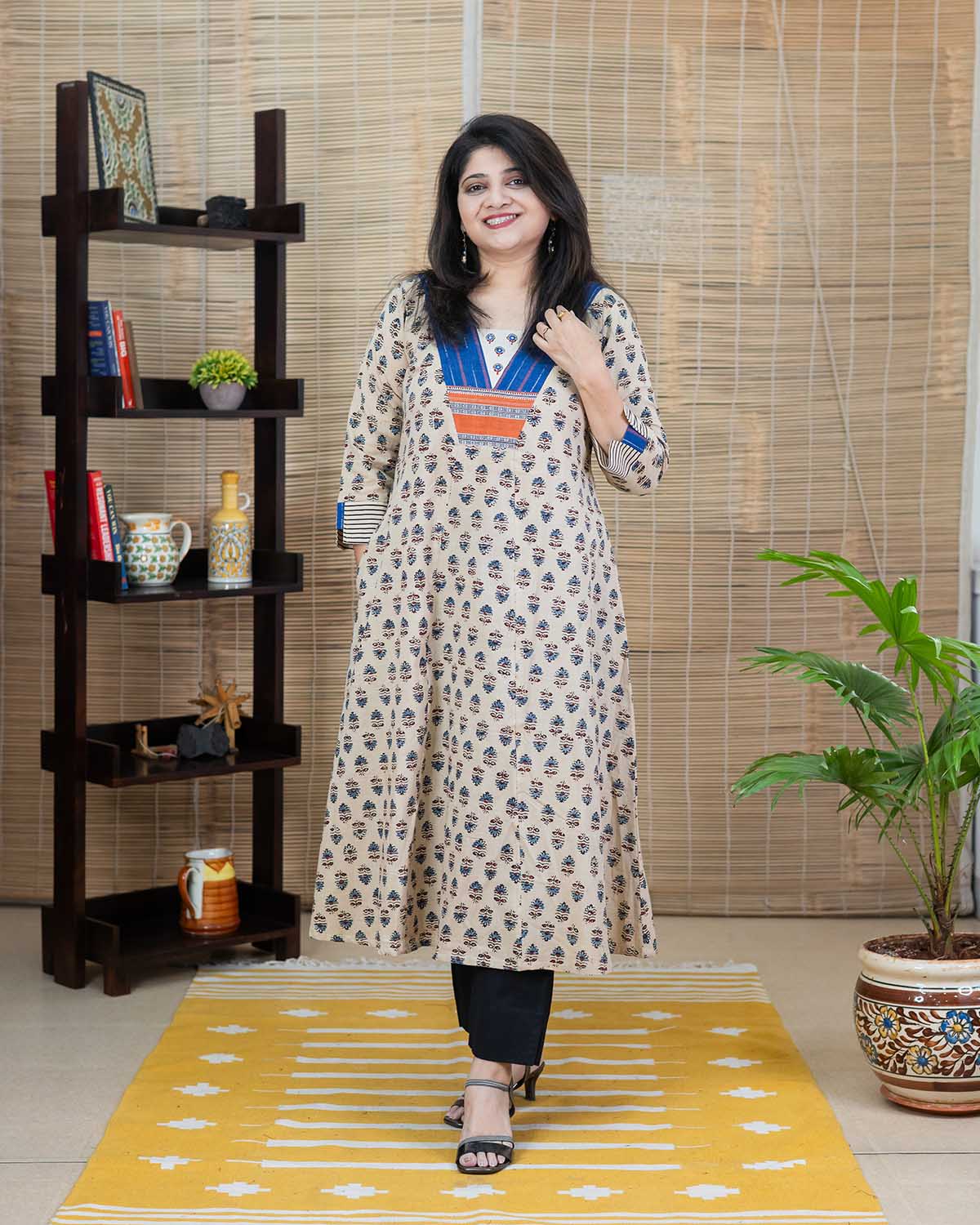 Cream Ajrakh embroidered dress