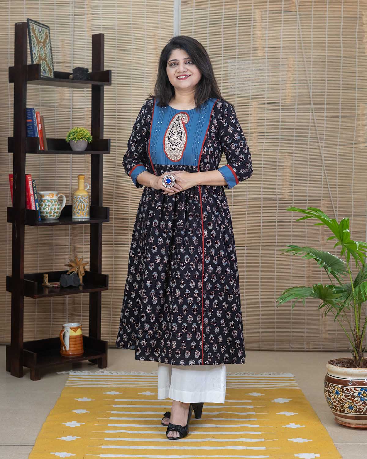 Black Ajrakh with Applique work & embroideries