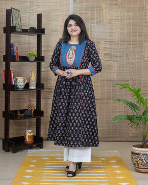 Ajrakh Handblock Printed Cotton Dress Kurta in Black — Rush Me Fashions