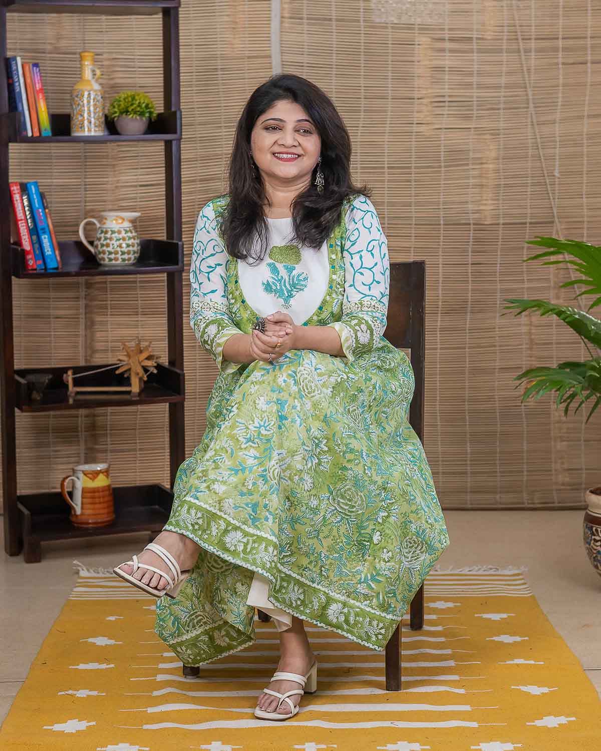 "सुती" Green Soft Cotton Anarkali with machine & hand embroidery