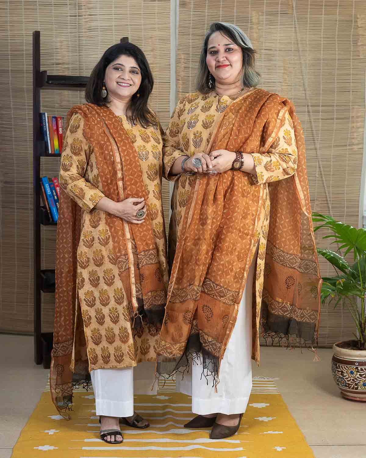 Light Orange Vanaspati Ajrakh kurta with hand work