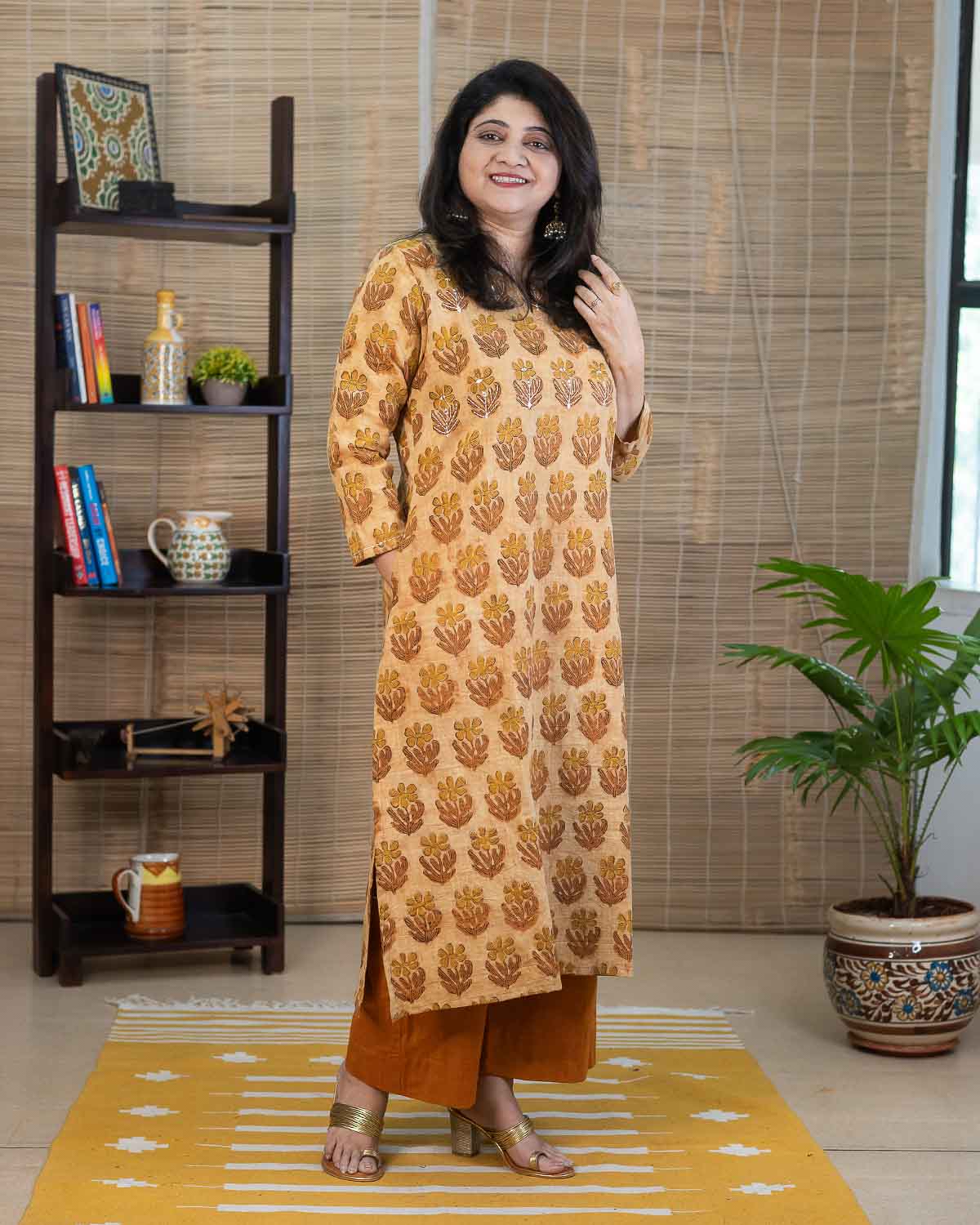 Light Orange Vanaspati Ajrakh kurta with hand work