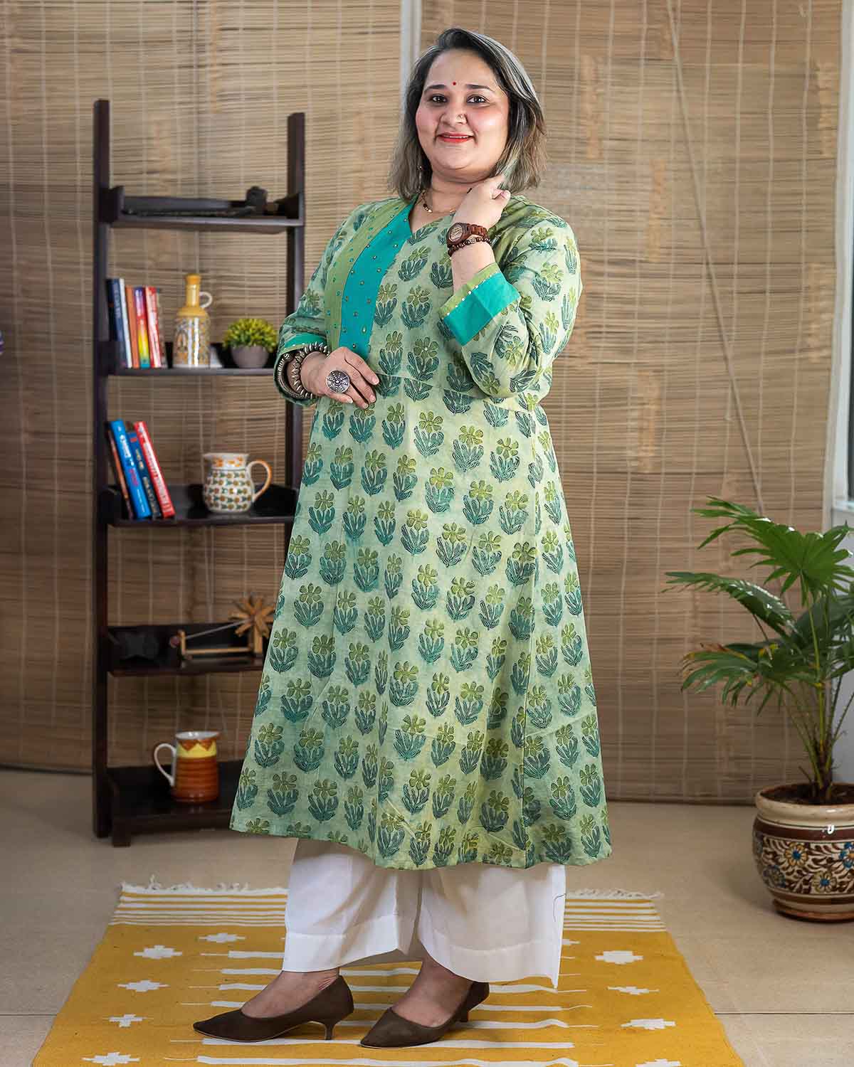 Rama green Vanaspati Ajrakh dress with embroidery