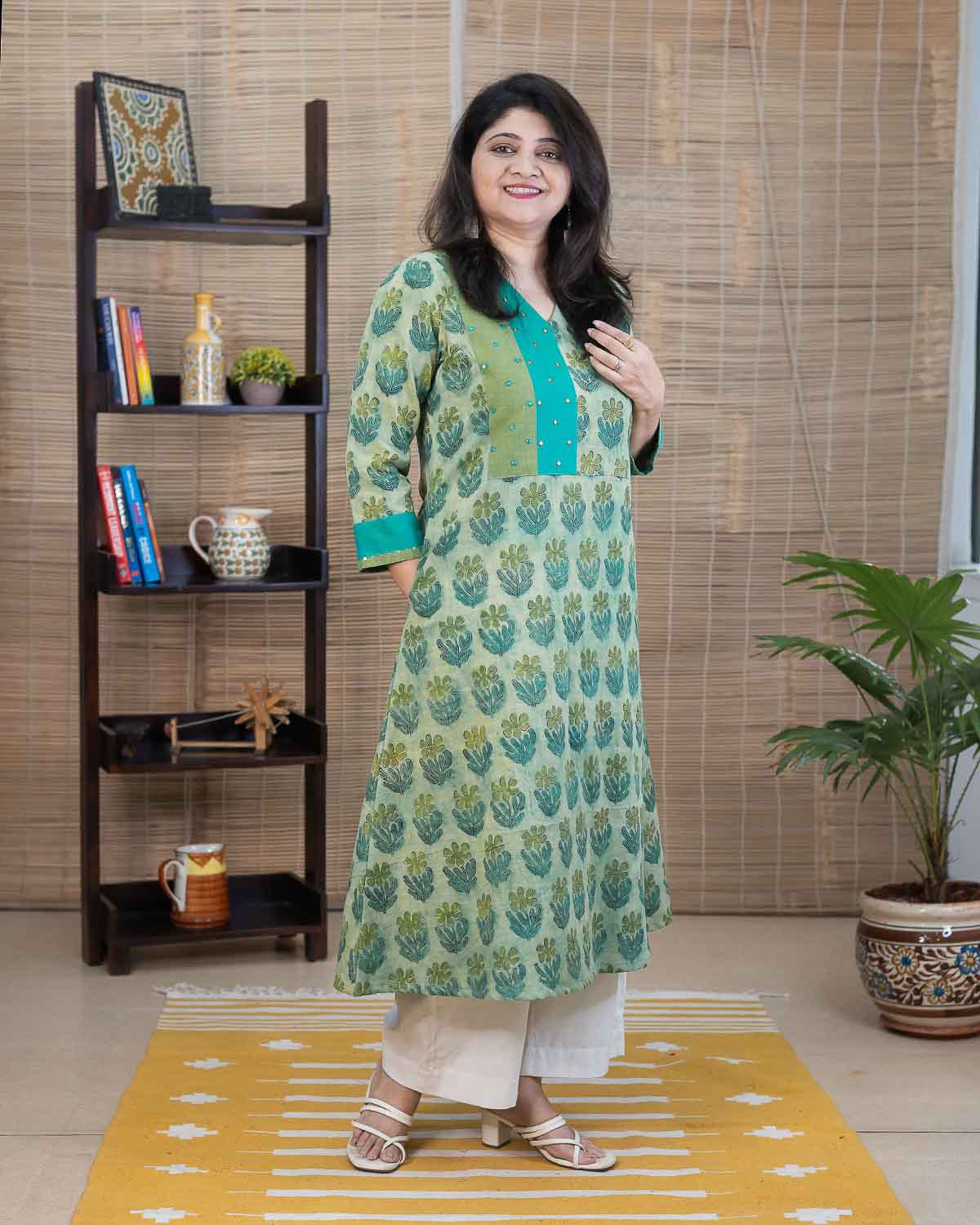 Rama green Vanaspati Ajrakh dress with embroidery