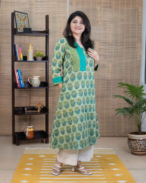 Vanaspati Ajrakh Handblock Printed Cotton Slub A Line Kurta in Rama Green — Rush Me Fashions