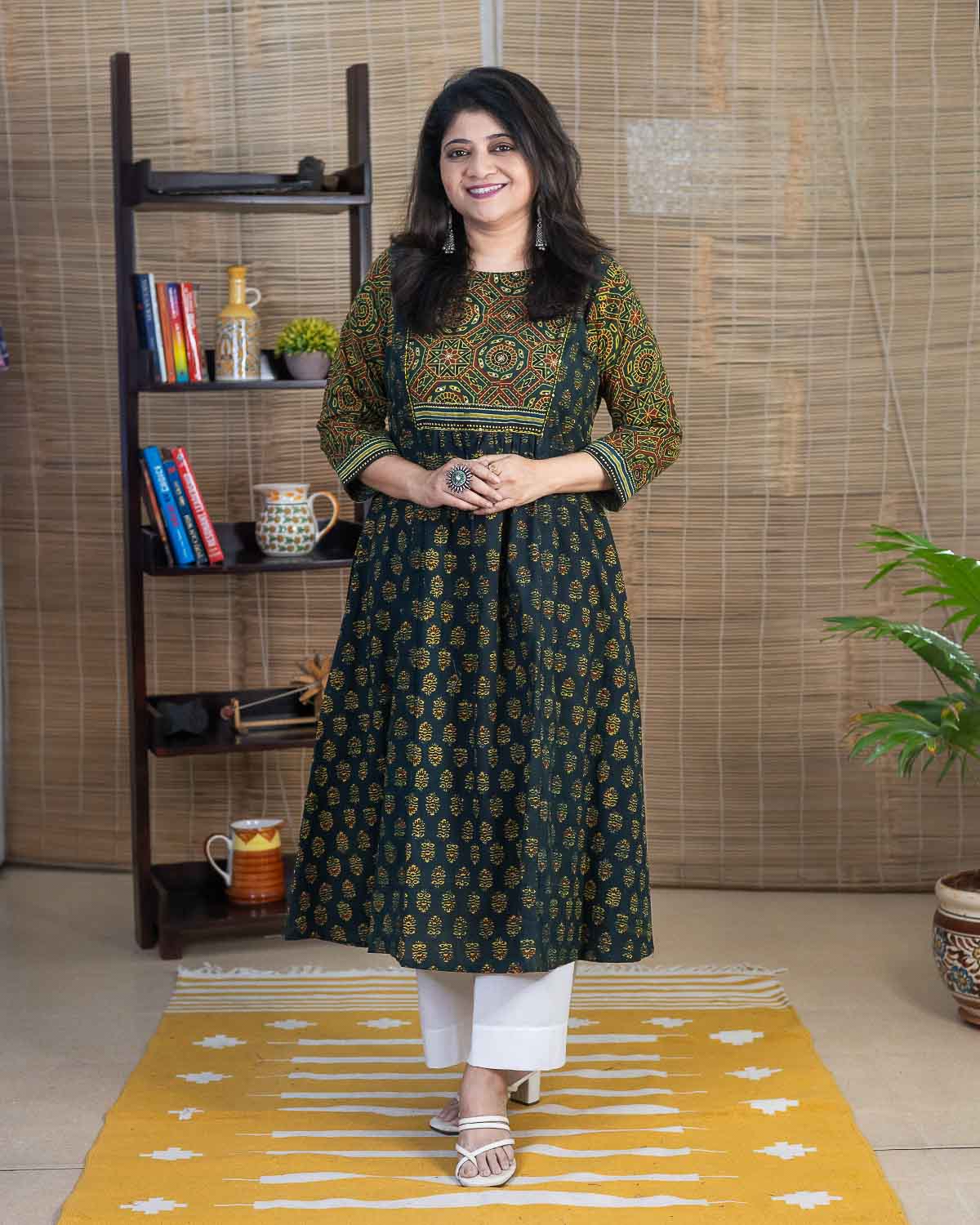 Ajrakh Handblock Printed Embroidered dress — Green