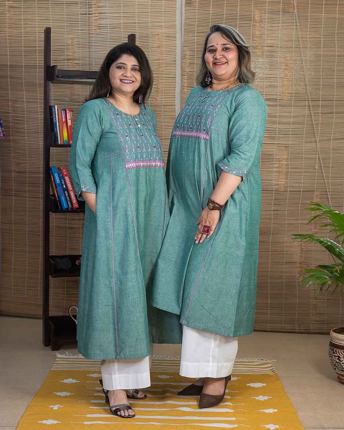 Hand woven Ikkat Embroidered Dress — Light green/Blue