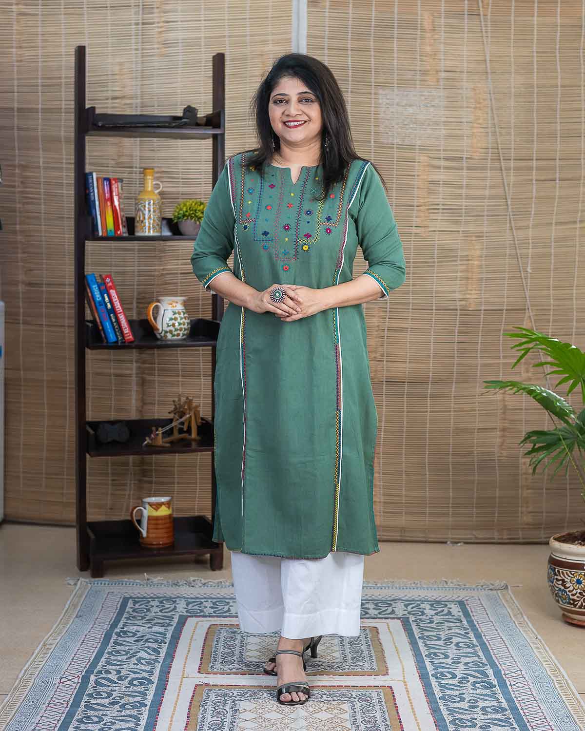 Handcrafted Organic Cotton Straight Fit Kurta with Lambani handwork — Light Green