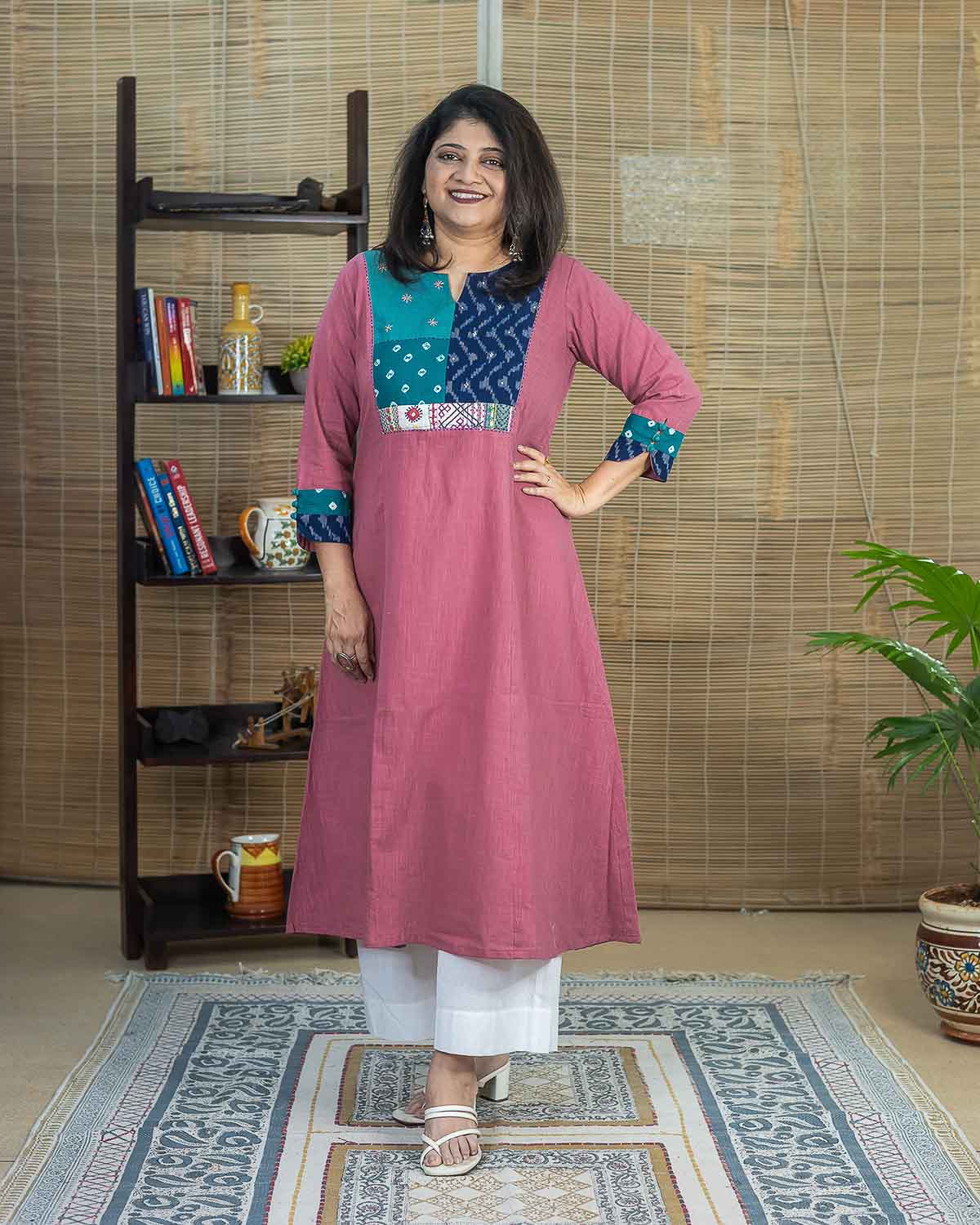 Lambani Handwork & Ikkat exclusive kurta in Pink pure cotton slub
