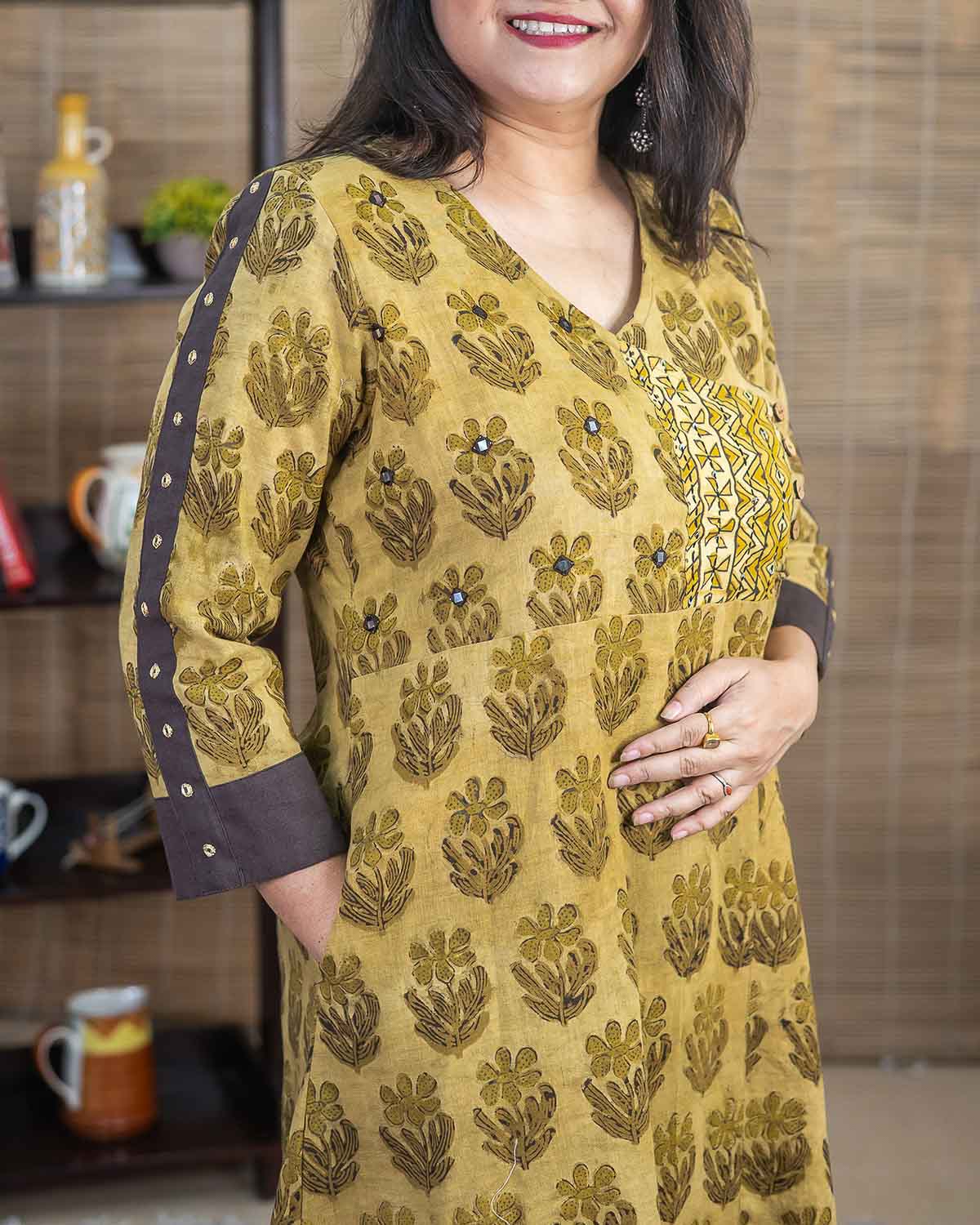 Vanaspati Ajrakh Handblock Printed Cotton Slub A Line Kurta — Green