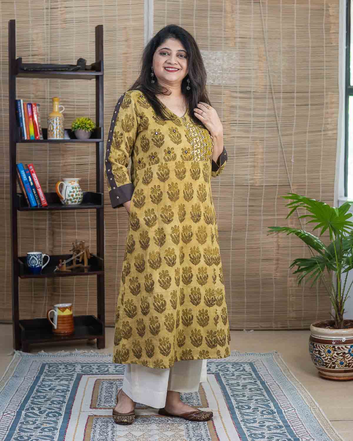 Vanaspati Ajrakh Handblock Printed Cotton Slub A Line Kurta — Green