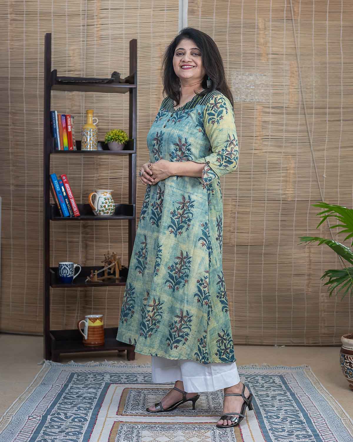 Vanaspati Ajrakh Handblock Printed Cotton Slub Long Dress — Indigo