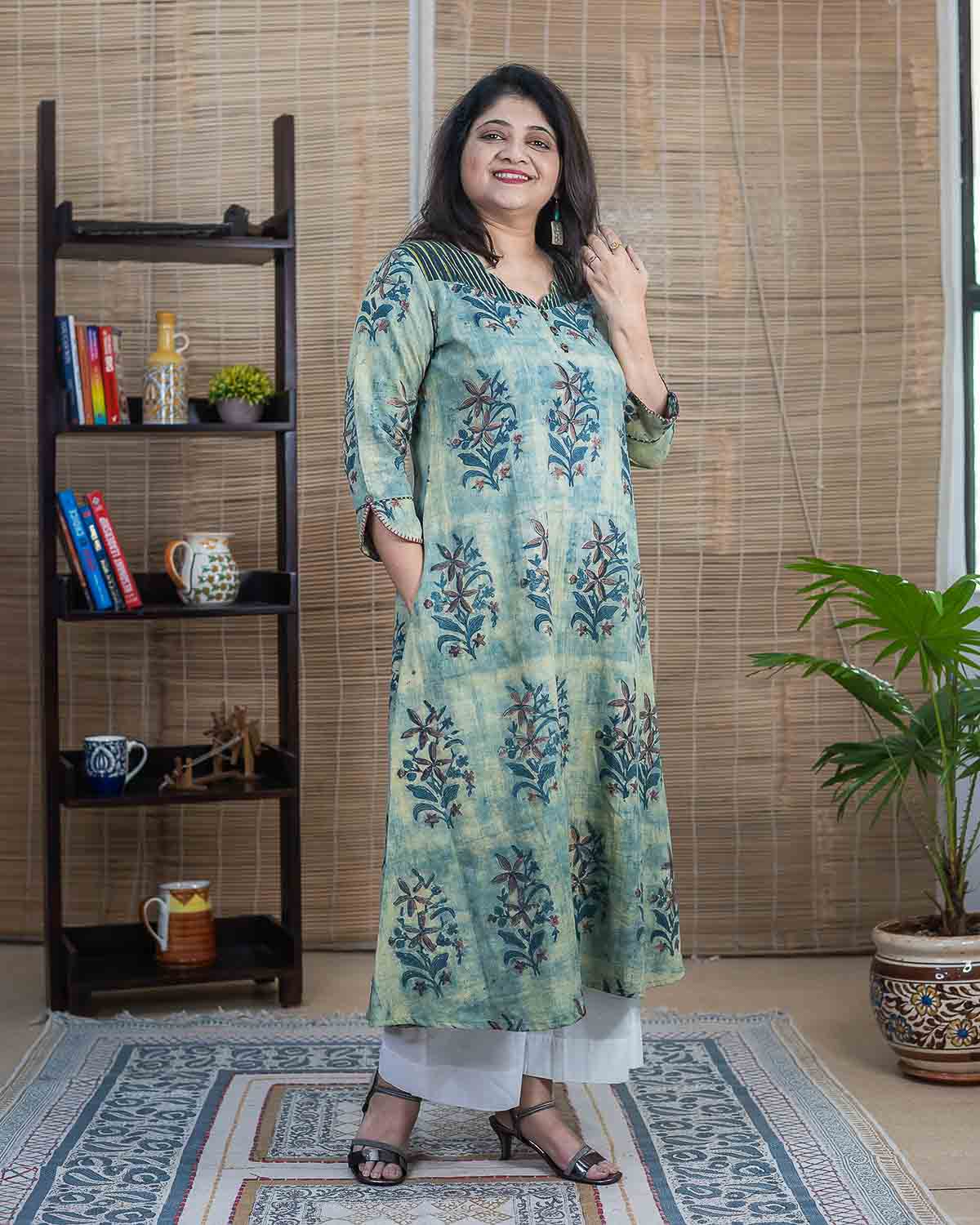 Vanaspati Ajrakh Handblock Printed Cotton Slub Long Dress — Indigo