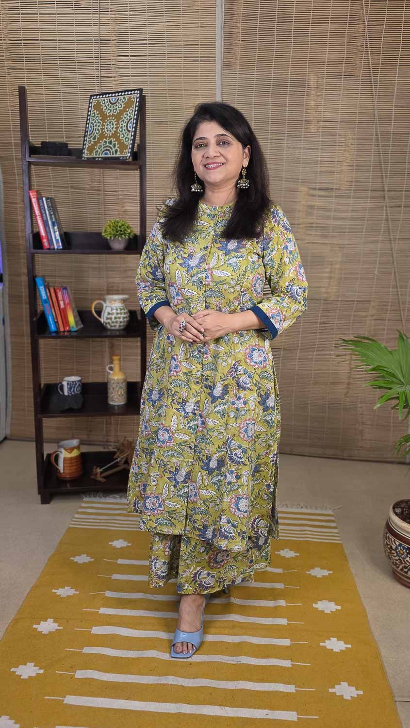 Floral Handblock Printed Cotton Slub Kurta. Pallazzo available as a separate product to buy.