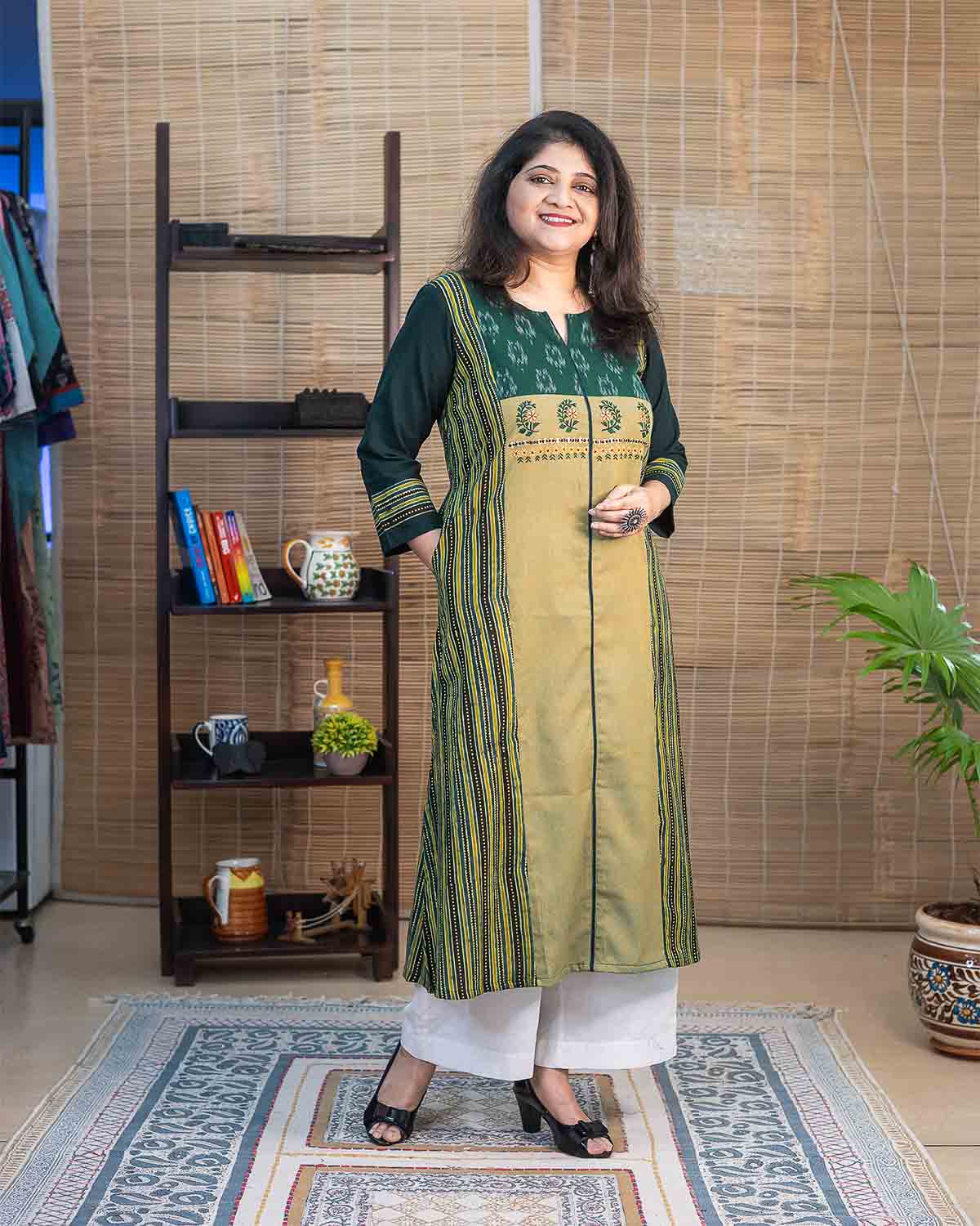 Green Ajrakh & Ikkat Panel Kurta with embroidery
