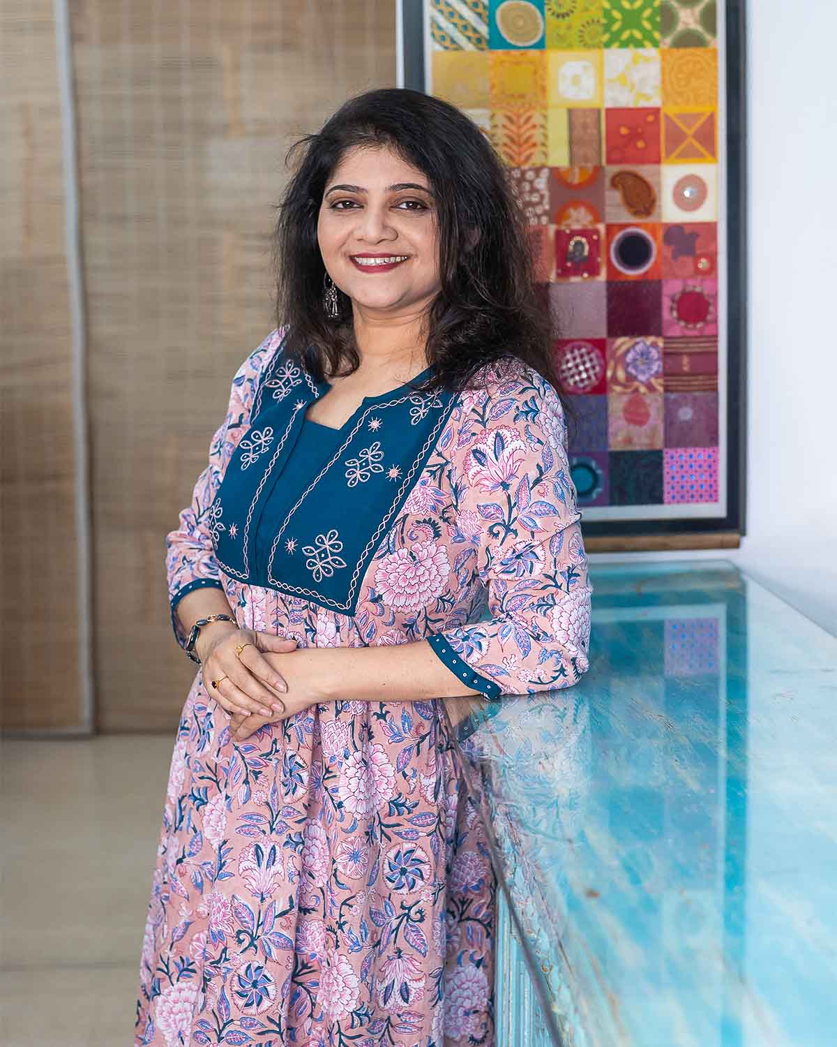 Cotton Slub Peach Blue embroidered Dress cum Kurta