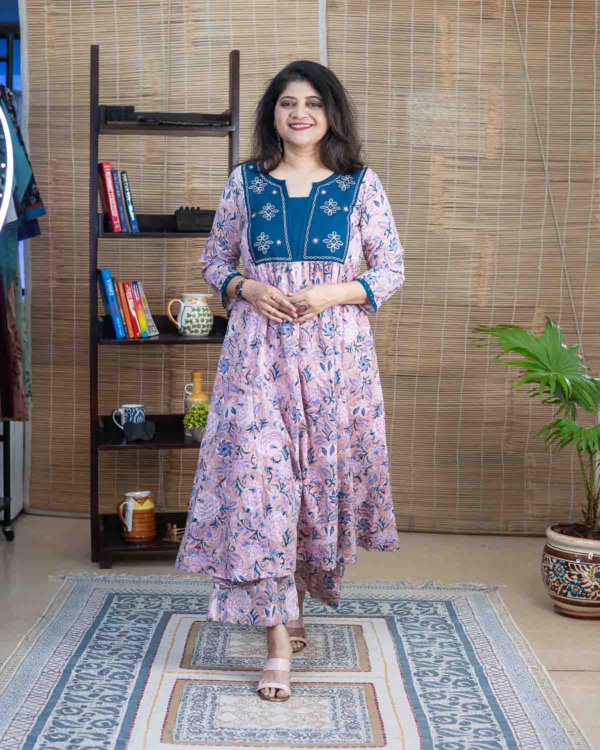 Cotton Slub Peach Blue embroidered Dress cum Kurta