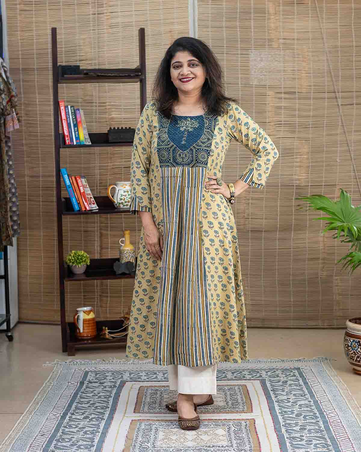 Light yellow Ajrakh collage embroidered dress