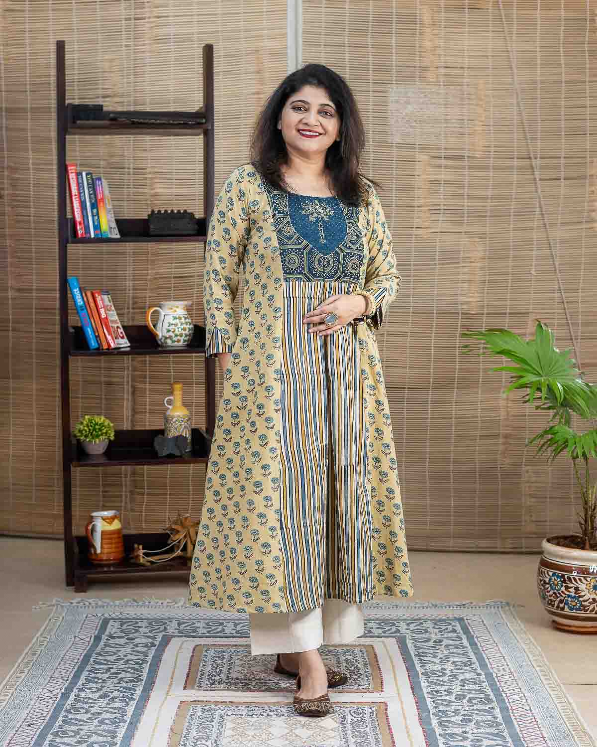 Light yellow Ajrakh collage embroidered dress