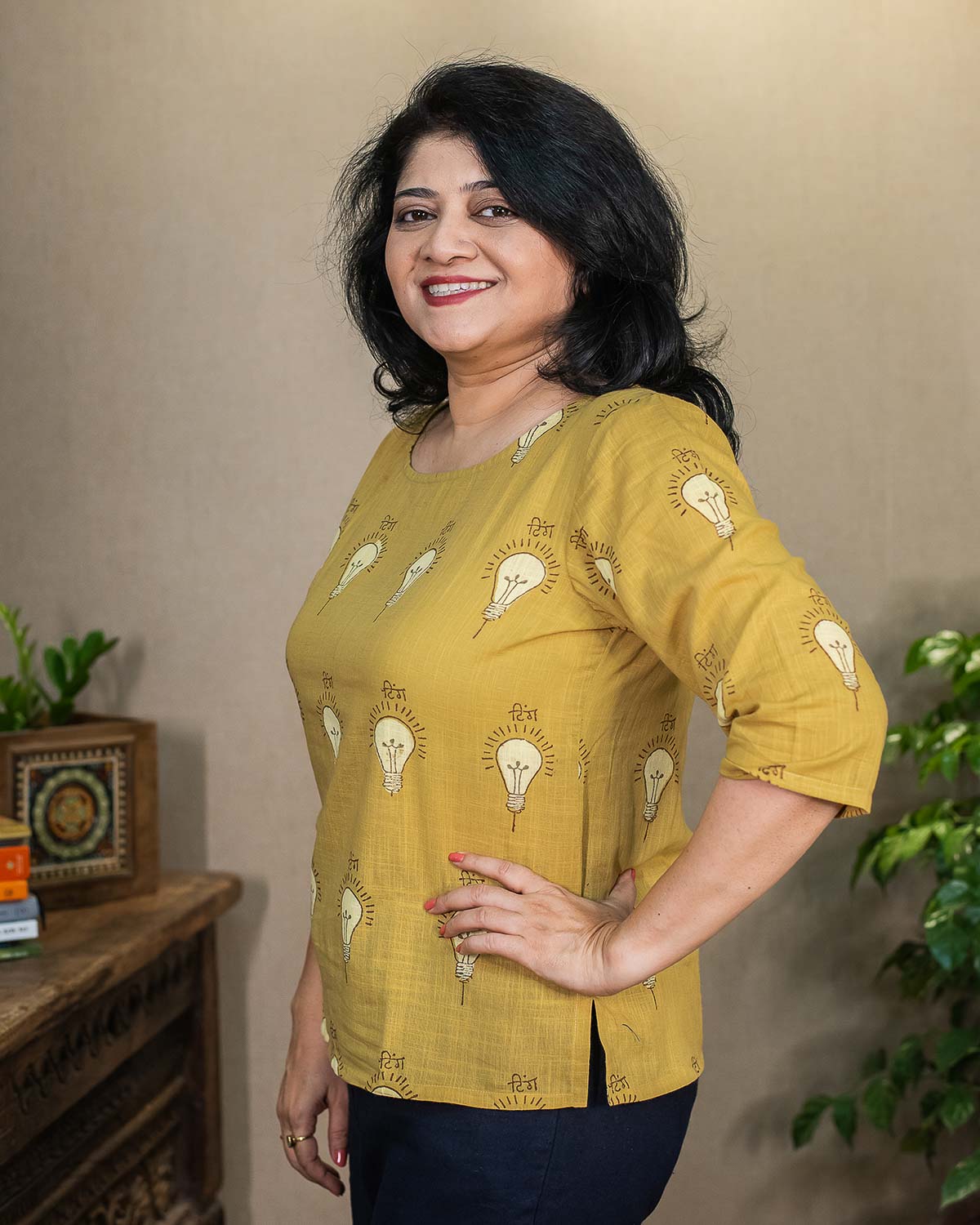 Handblock Printed Signature Print Cotton Slub Short Top — Yellow