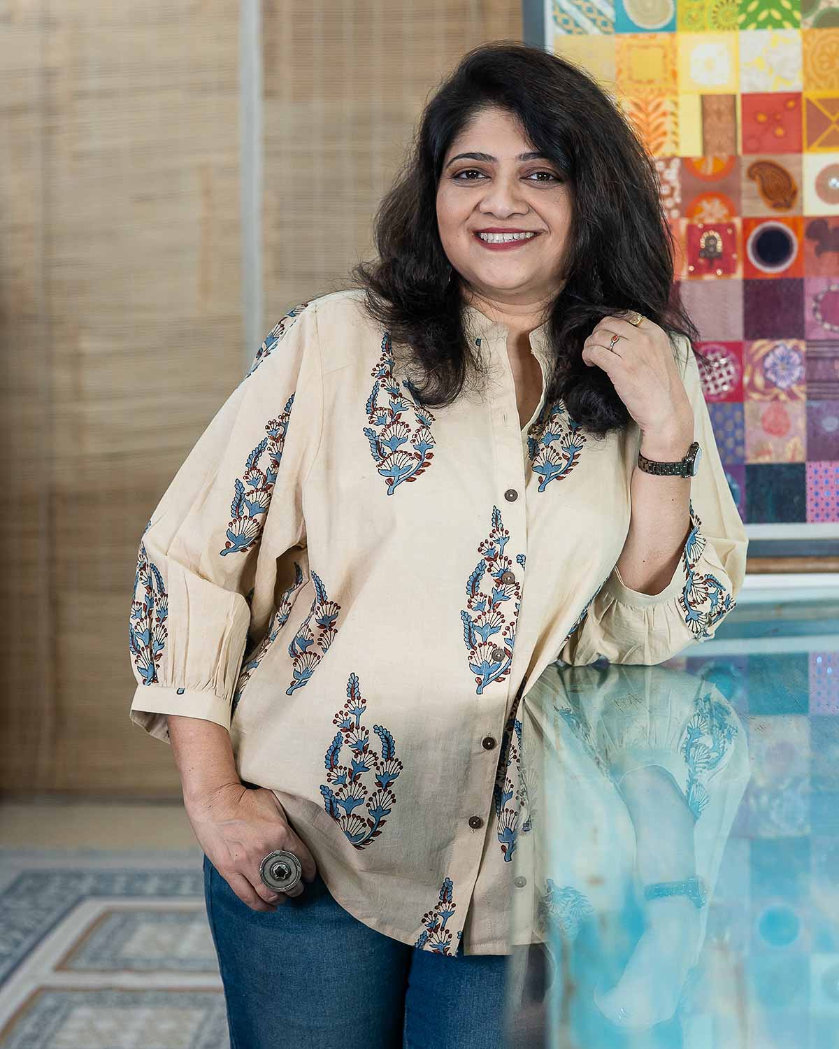 Cream Ajrakh mughal butta - comfort fit