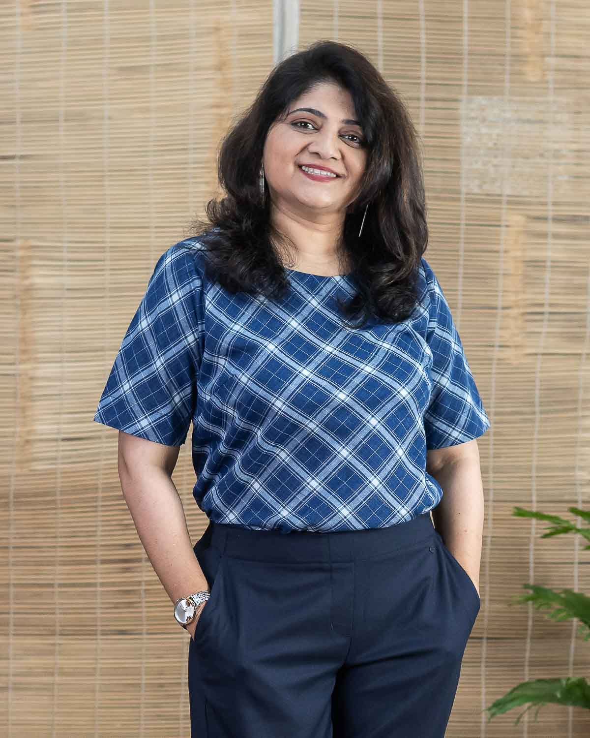 Navy blue handwoven checks formal wear