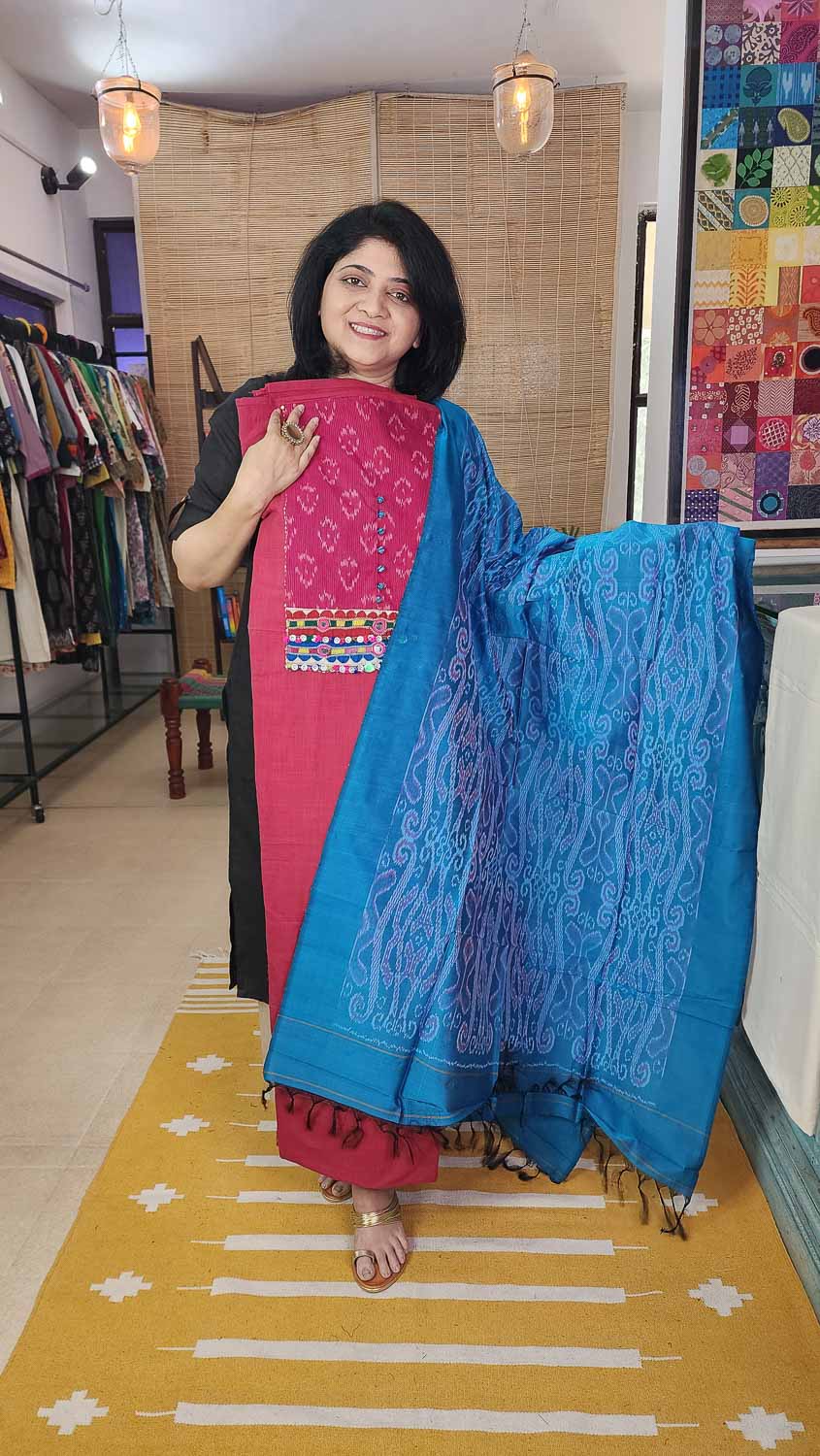 Rani Pink Blue Exclusive Ikkat Top dupatta