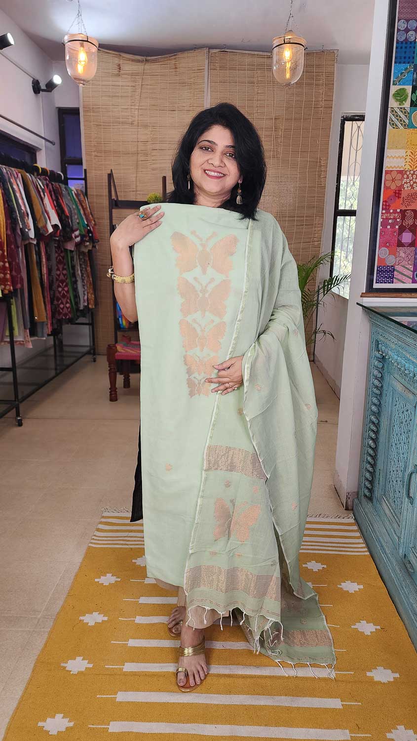 Cotton Jamdani top dupatta Light Pastal green color - 2 tone