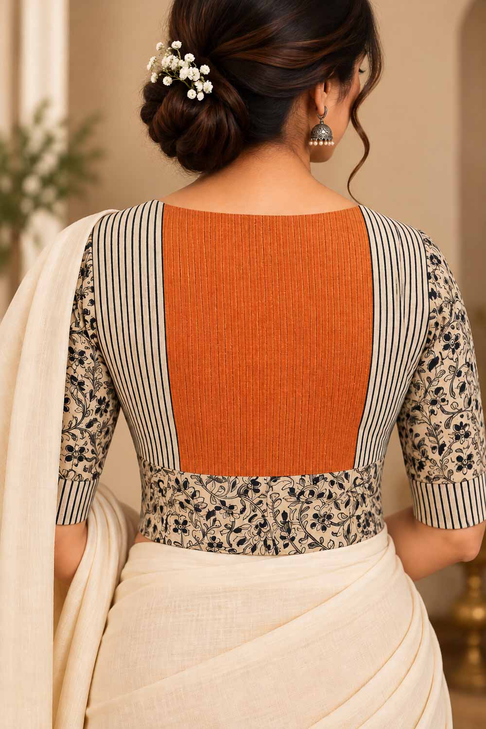 Cream kalamkari & orange self-woven fabric