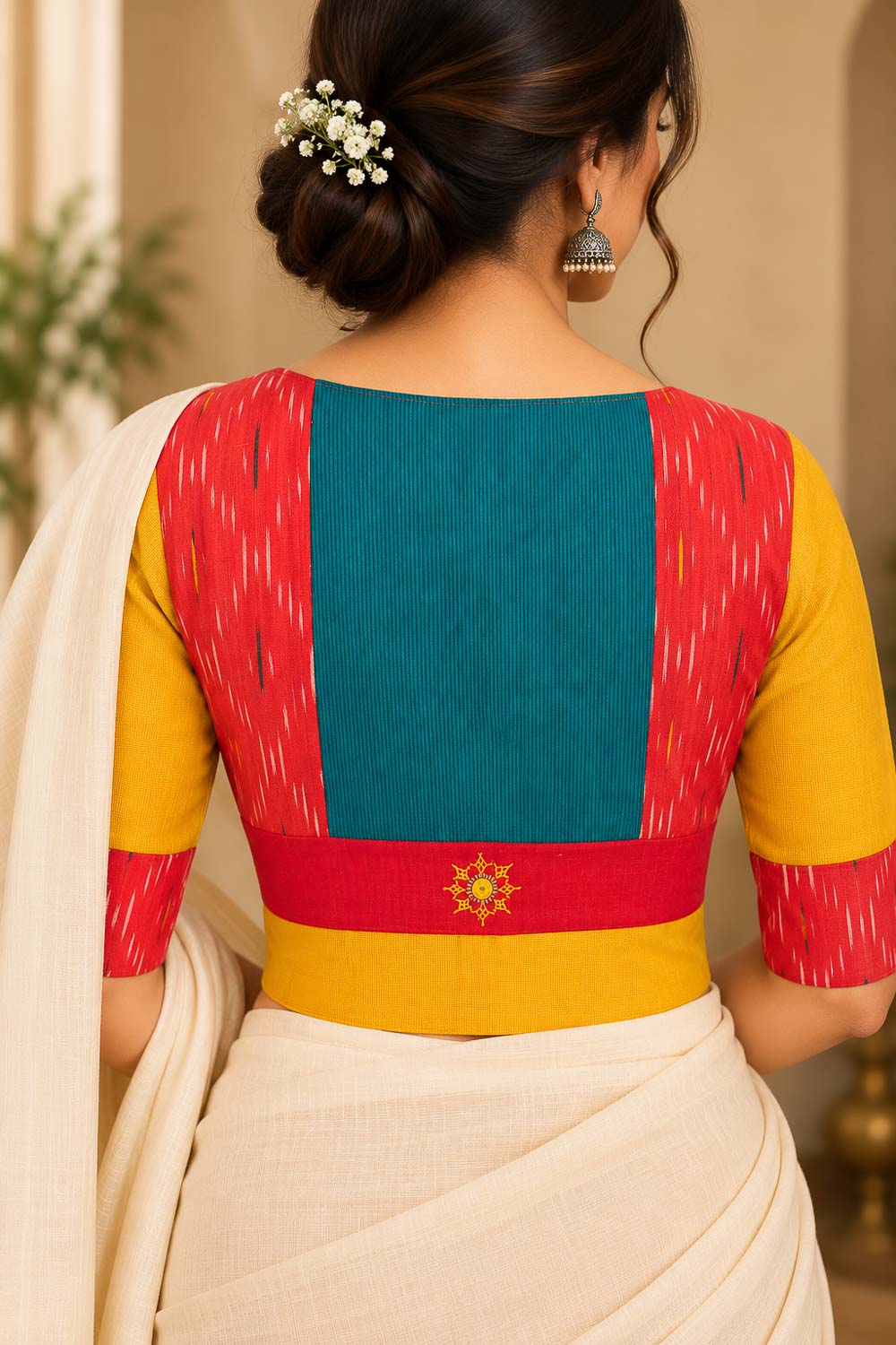 Yellow cotton with red ikkat & handwork