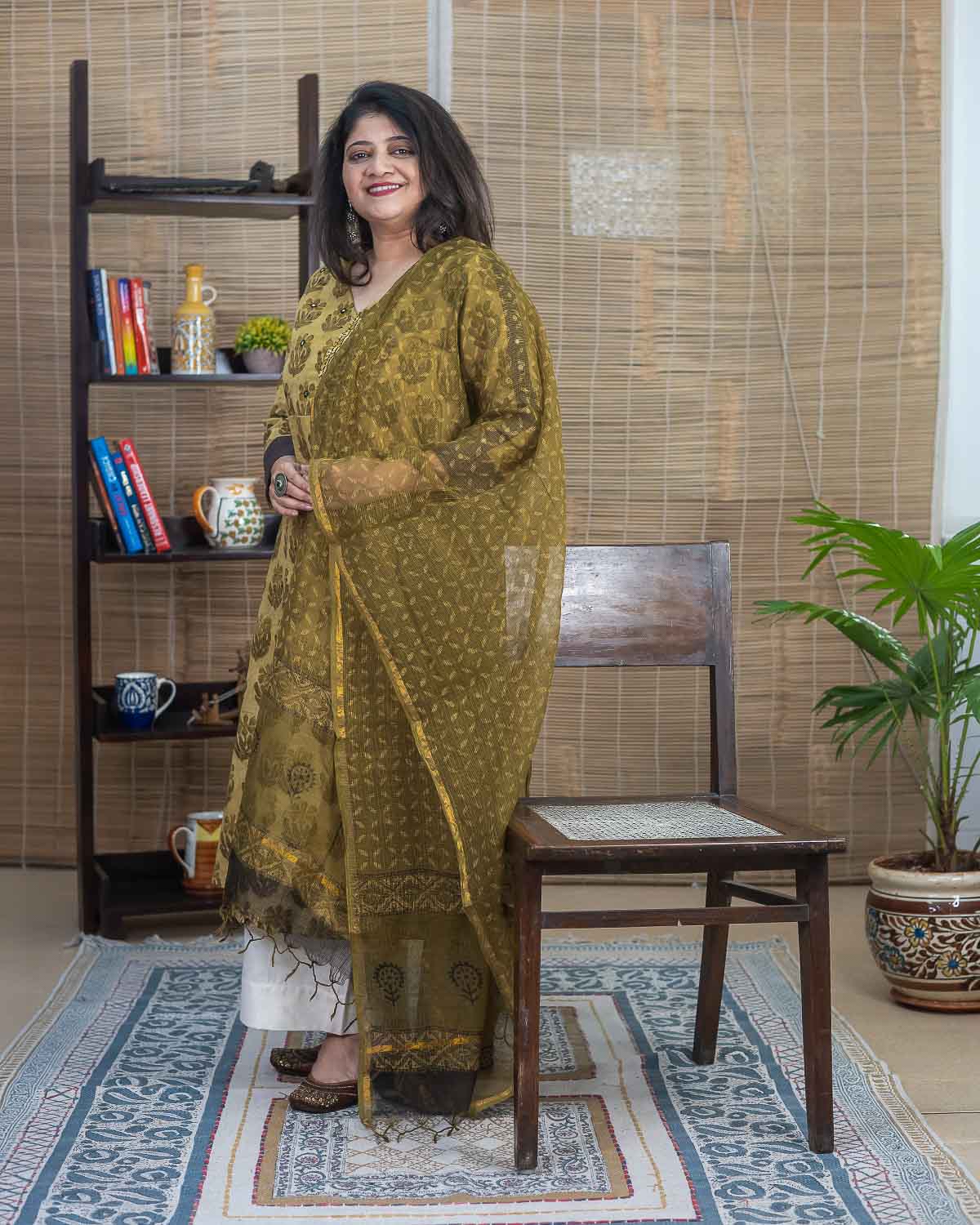 Vanaspati Ajrakh Handblock Printed Kota Doria Cotton Dupatta — Green