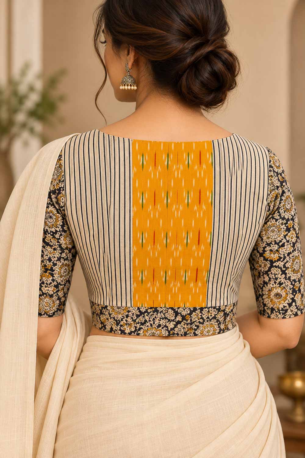 Yellow ikkat & cream kalamkari & stripes